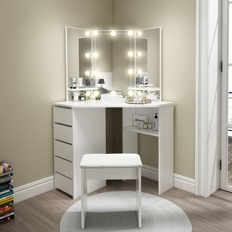 Corner Dressing Tables, Corner Dressing Table Design, Corner Vanity Makeup Dressing Tables, Makeup Table Vanity Bedrooms, Make Up Corner Design, Dressing Table Ideas For Small Bedroom, Sto Za Sminkanje, Makeup Corner In Bedroom, Corner Dressing Table Ideas