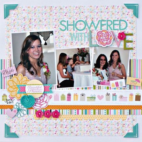 Showered with Love by Jenny Evans - Scrapbook.com Baby Shower Scrapbook, Pregnancy Scrapbook, Showered With Love, Bridal Shower Scrapbook, Wedding Scrapbook Pages, Wedding Scrapbooking Layouts, Baby Scrapbook Pages, Scrapbooking Layouts Baby