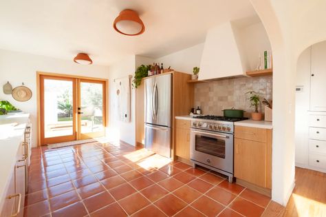 Couple Puts Washer/Dryer in Kitchen in Los Angeles Home | Apartment Therapy Saltillo Tile Kitchen, Spanish Bungalow, Spanish Style Home, Mid Century Modern Kitchen, European House, House Inspo, Apartment Therapy, Washer And Dryer, Kitchen Flooring