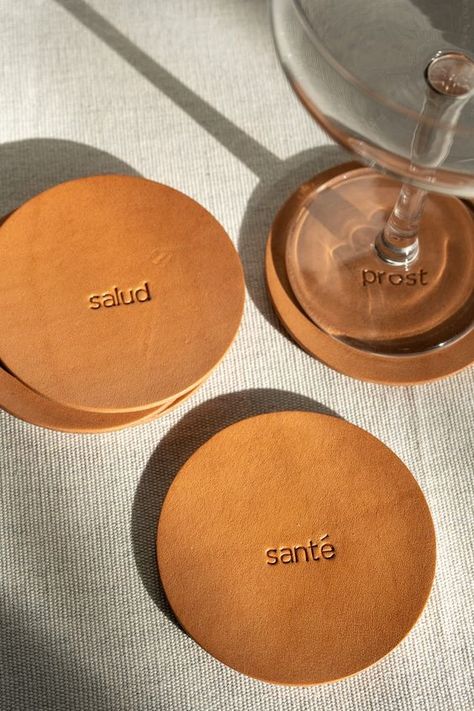 Leather Ideas Handmade, Coaster Leather, Coaster Photography, Minwax Stain Colors, Cleanser Brush, Branded Coasters, Coaster Ideas, Leather Coaster Set, Leather Coaster