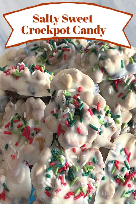 Salty Sweet Crockpot Christmas Candy is so delicious. It is so easy to make. By just putting your white chocolate, peanuts , pretzels and raisins all in your slow cooker Crockpot Candies, Crock Pot Christmas, Crockpot Christmas Candy, Crockpot Candy Recipes, Crockpot Christmas, Christmas Candy Easy, Easy Christmas Candy Recipes, Christmas Candy Homemade, Crockpot Candy