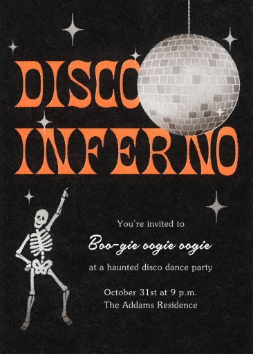 Customize 'Disco Inferno' Halloween Invitation online and send via email, text message, or a shareable link. Instantly track deliveries and opens, and message recipients. Halloween Disco Party, Disco 30th Birthday Party, Disco Invitations, Halloween Invitation Ideas, Disco Halloween Party, Studio 54 Party Theme, Disco Party Invitations, Witches Dinner, Haunted Hallway