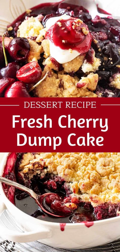 A quick & easy dessert, this dump cake has a layer of homemade fresh cherry pie filling and buttery cobbler-like topping made with cake mix. It can be made ahead and freezes well. Cherry Desserts With Frozen Cherries, Cherry Pie Fresh Cherries, Cherry Cobbler Recipe Fresh Cherries, Fresh Cherry Recipes Dessert, Easy Recipes Using Fresh Cherries, Dump Cake With Frozen Fruit, Cherry Supreme Dessert, Fresh Cherries Recipes Easy, Cherry Cobbler Cake Mix Recipe