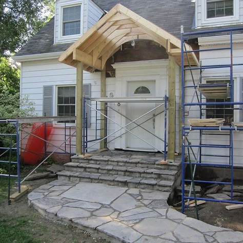 Arched Porch Canopy in 2022 | Porch canopy, Front porch addition, Porch makeover Adding Covered Porch To Back Of House, Covered Porch With Step Down Patio, Adding Front Door Overhang, Portico Roof Design, Porch Overhang Front Door, Adding Peak To Front Porch, Cottage Portico Front Entry, Cover Over Front Door Entrance, Adding A Gabled Front Porch