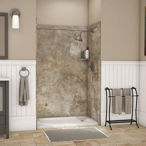 Flexstone Elegance 3 Mocha Travertine Panel Kit Shower Wall Surround (Common: 48-In X 36-In; Actual: 48-In X 36-In) Ssk4 Above Shower Surround Ideas, Groutless Shower Ideas, Bathroom Conversion, Shower Wall Kits, Restore Wood, Wall Material, Shower Wall Panels, Shower Walls, Shower Base