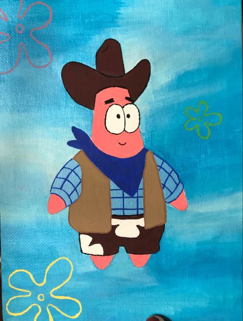 #cowboy #spongebob #patrick #painting Cowboy Patrick Spongebob, Funny Cartoon Painting Ideas On Canvas, Patrick Star Painting Canvas, Funny Spongebob Painting Ideas, Cartoon Collage Painting, Spongebob Characters Painting, Patrick Drawing Easy, Patrick Painting On Canvas, Cowboy Spongebob