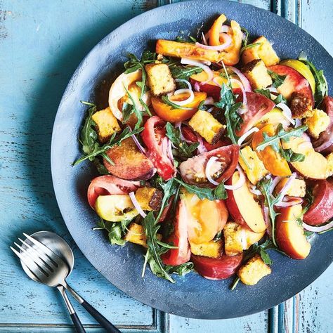 How To Make Heirloom Tomato & Peach Panzanella Salad - Best Recipe | Charleston Magazine Mustard Dressing Recipe, Whipped Ricotta, Peach Sangria, Panzanella Salad, City Magazine, Peach Salad, Tomato Pie, Easy Salad, Heirloom Tomato