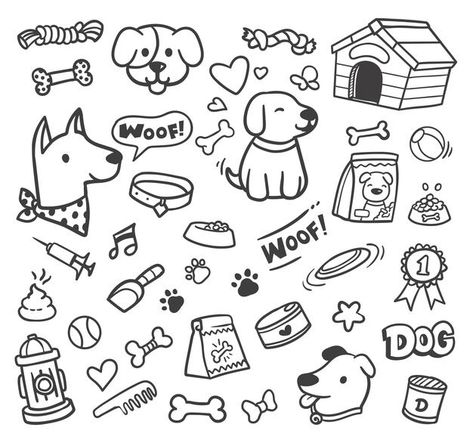 Dog Related Drawings, Pet Doodles Art, Cute Dog Doodles Simple, Easy Dog Doodle Simple, Dog Toys Drawing, Cute Dog Design, Dog Toy Drawing, Pet Drawings Easy, Puppy Doodle Drawing