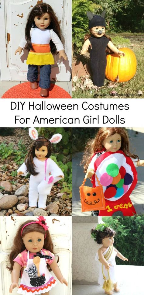 Best Easy Halloween Costumes for American Girl Dolls - Laura Kelly's Inklings American Girl Doll Halloween Costumes, Gumball Machine Halloween Costume, Diy Halloween Costumes For Girls, American Girl Halloween, New American Girl Doll, American Girl Doll Costumes, Black Cat Costumes, Easy Diy Costumes, Kids Costumes Girls