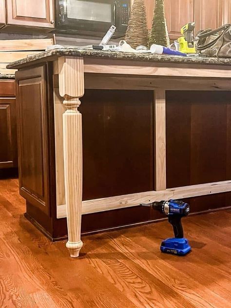 Small Kitchen Island Makeover, Island That Looks Like A Table, Kitchen Island Redo Diy Ideas, Adding Table To Kitchen Island, Adding Legs To Kitchen Cabinets, Table Legs On Kitchen Island, Kitchen Island Extension Ideas Diy, Add Seating To Kitchen Island, Island With Turned Posts