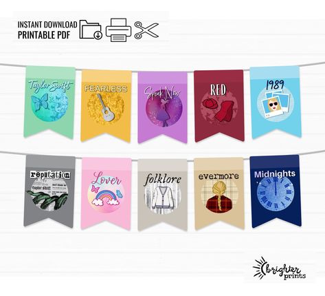 "In your Eras era? INSTANTLY DOWNLOAD & PRINT this fun Eras themed banner in the tour colors for the perfect DIY addition to your squad's TS birthday party or Eras Tour movie get together. Includes 10 original designs inspired by Taylor and each of her albums / Eras.  ♡ This listing includes 1 digital PDF file ♡ Each flag is approx. 5\" x 7\" when printed ♡ Print at home or at your local print shop on heavy paper or cardstock. PLEASE NOTE: This is a digital product, NO physical item will be sent. INSTANT DOWNLOAD  Digital files for you to print at home, or at a local print shop!  After your payment has been confirmed, you will receive an email link to download your file. You can also find your download in the \"Purchases and Reviews\" section of your account. ♡ 5 page PDF has 2 rectangular Taylor Swift Free Printables, Taylor Swift Eras Party Decorations, Taylor Swift Eras Birthday Party, Swiftie Party, Eras Party, Ts Eras, Taylor Swift Birthday Party Ideas, Swift Party, Taylor Swift Party