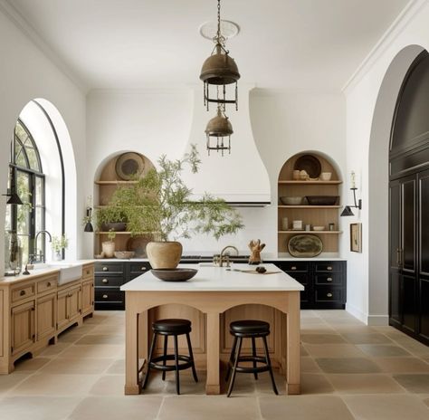 Mediterranean Inspired Interior Design, Brick Arch Kitchen Stove, Kitchen Colonial Style, Light Wood Lowers White Uppers, Spanish Kitchen Island, Waterfront Farmhouse, Styling Countertops, Modern Spanish Kitchen, Spanish Mediterranean Kitchen