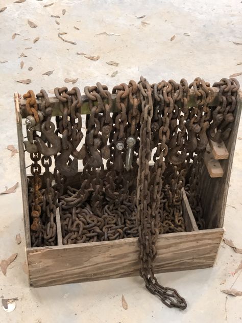 A old tool tote I retired and repurposed for storing some of my chain . Makes the chain easy to get at , keeps them sorted and I can inventory at a glance . Chain Storage Ideas, Chain Storage, Chain Ideas, Garden Rock Border, Tool Tote, Diy Chain, Tools Storage, Diy Shop, Farm Tools