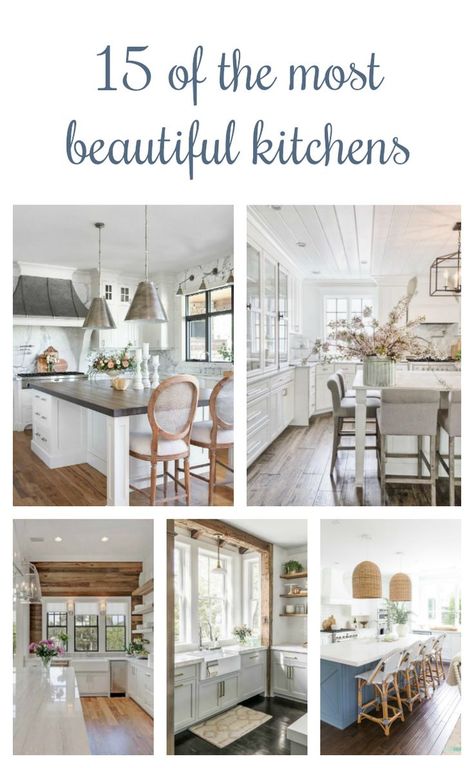 Are you planning a kitchen makeover or dreaming about the day you will be able to overhaul your kitchen. This post contains photos and descriptions of 15 of the most beautiful kitchens. They are all light and bright spaces with classic or farmhouse styling. You'll see ideas for small homes and larger ones. #mostbeautifulkitchens #beautifulkitchens #kitchenmakeover #kitchendecor #kitchendecorideas #kitchenrenovation Most Beautiful Kitchens, Kitchen Lighting Over Table, Timeless Kitchen Design, Kitchen Table Lighting, Farmhouse Kitchen Lighting, Classic White Kitchen, Wood Interior Design, Charming Kitchen, Kitchen Aesthetic