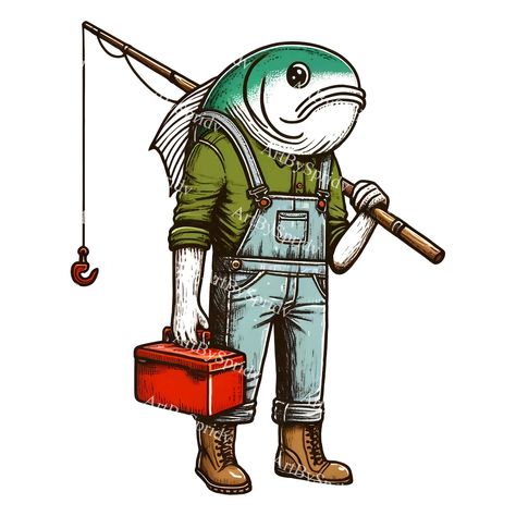 Fishing Art Drawing, Fisherman Illustration, Fisherman Art, Fish Character, Fishing Illustration, Fish People, Imaginative Art, Box Png, Fishing Art