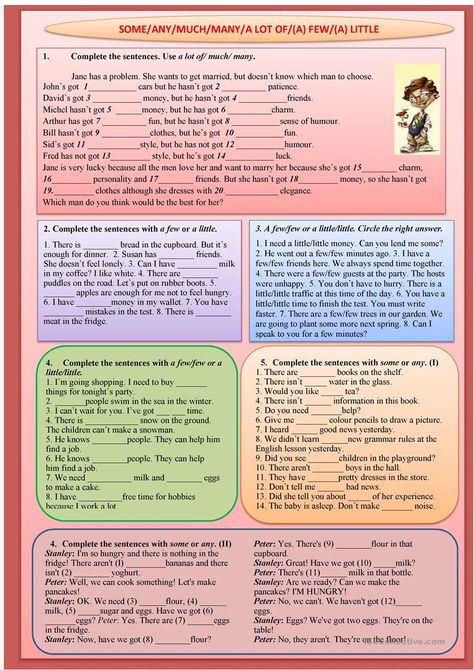 SOME/ANY/MUCH/MANY/A LOT OF/(A) FEW/(A) LITTLE - English ESL Worksheets Some Any, English Grammar Exercises, Grammar Quiz, English Teaching Materials, Grammar Exercises, Teaching English Grammar, English Exercises, English Grammar Worksheets, English Learning Spoken