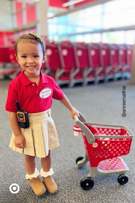 Get your little ones dressed as a Target store manager. Put together a cute costume for them—beige skort, a red polo & boots. Don’t forget the walkie & their mini carts for all their floor rounds. Target Halloween Costume, Target Employee Costume, Target Costume, Halloween Costume Toddler Girl, Target Store, Polo Boots, Kostum Halloween, Toddler Girl Halloween, Target Halloween