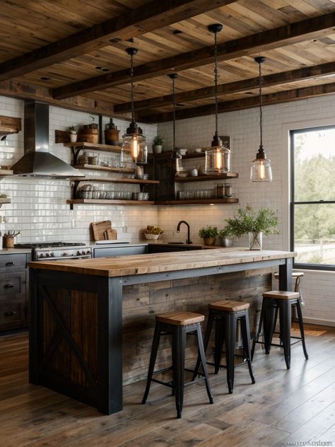 Rugged Kitchen Design, Industrial Farmhouse Barndominium, Rustic Industrial Decor Kitchen, Rustic Luxe Kitchen, Black Coastal Kitchen, 1850s Kitchen, Rustic Chic Kitchen Ideas, Industrial Rustic Kitchen, Rustic Kitchen Island Ideas