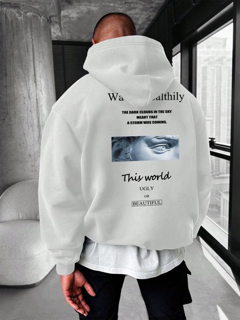 White Casual Collar Long Sleeve Fabric Figure,Slogan Pullovers Embellished Slight Stretch  Men Clothing Hoodie Design Inspiration, Hoodie Design Ideas, Male Hoodie, Graphic Hoodies Aesthetic, Dope Hoodies, Streetwear Tshirt Design, Streetwear Ideas, T Shirt Logo Design, Outfit Hoodie