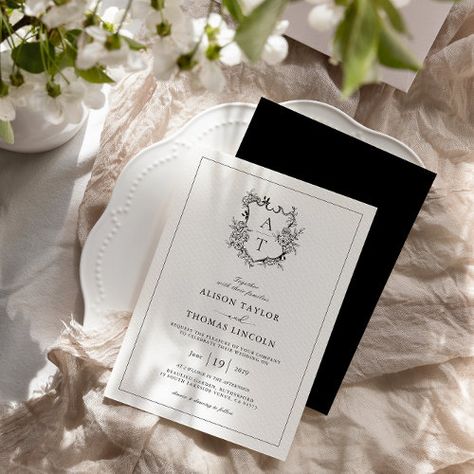 Formal Floral Crest Monogram Wedding Invitation #zazzle #weddinginvitations #birthdayinvitations #babyshowerinvitations #zazzleinvitations #monogram #businesscards #graduation #homedecor Black And White Calligraphy, Elegant Black And White Wedding, Black Tie Wedding Invitations, Popular Wedding Invitations, Crest Monogram, Traditional Invitation, Budget Wedding Invitations, Wedding Crest, Black And White Wedding Invitations