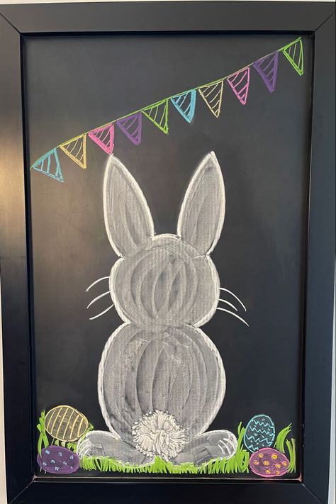 Easter Chalk Pictures, Hoppy Easter Chalkboard Art, Peeps Chalkboard Art, Spring Chalkboard Designs, Easter Window Chalk Art, Easter Dry Erase Board Ideas, Spring Themed Chalkboard, Cute Easter Chalkboard Ideas, Easter Windows Paint