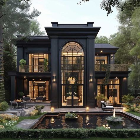 Appartement Design Exterior, Art Deco Exterior Home, All Black House Exterior, White And Black House, Black And White House, Art Deco Exterior, Exterior Color Combinations, Classic House Exterior, Dream Life House