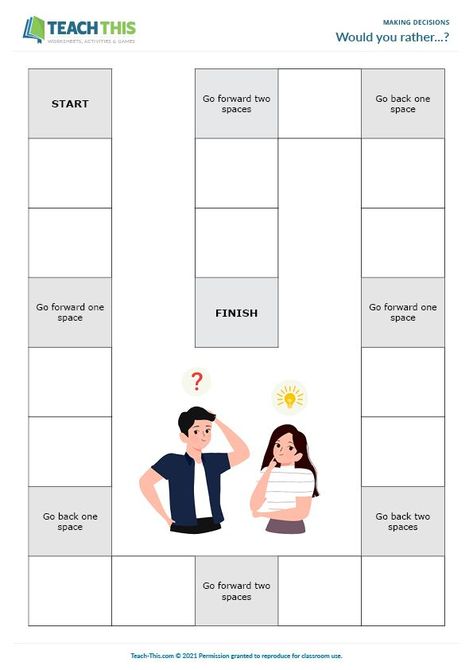 ESL Making Decisions Board Game - Reading, Listening and Speaking Activity - Intermediate (B1) - 25 minutes In this free decision making board game, students discuss 'Would you rather...?' questions with a partner and race to make decisions that they both agree on along with a justified reason for each answer. Decision Making Activities, Speaking Activity, Esl Games, Esl Resources, Making Decisions, Speaking Activities, Games And Activities, Would You Rather, Student Learning