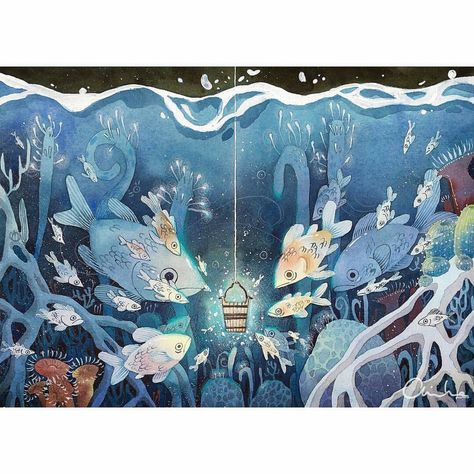 Magical #watercolor #painting by @pearfleur of a deep underwater cavern populated by more than a score of curious fish, who seem... Underwater Cavern, Deep Underwater, Underwater Drawing, Underwater Painting, Color Me Mine, Underwater Art, Fish Illustration, Fire Art, Book Illustrations