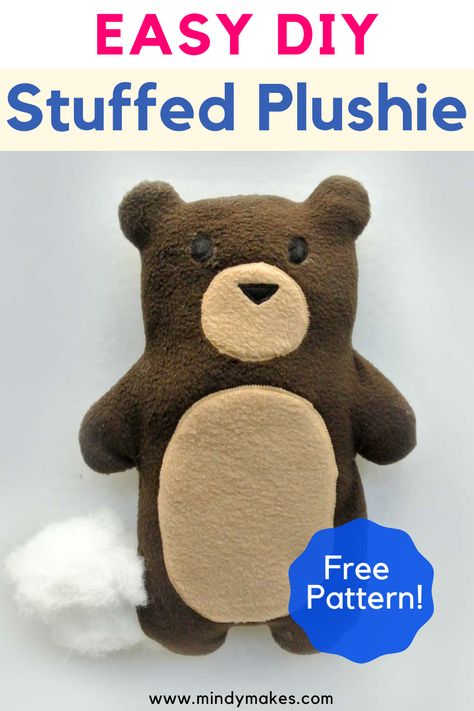 A brown bear plush toy with stuffing coming out left side with text "EASY DIY Stuffed Plushie" on top and Blue badge with "free Pattern!" on lower right corner. Free Stuffed Toy Sewing Patterns, Simple Sewing Projects Stuffed Animals, Simple Stuffy Sewing Pattern, Diy Stuffed Toys Easy, How To Make A Stuffed Bear, Simple Soft Toys To Sew, Easy Sewing Patterns Stuffed Animals, Easy Sewing Stuffed Animals For Beginners, How To Sew A Stuffed Animal Easy