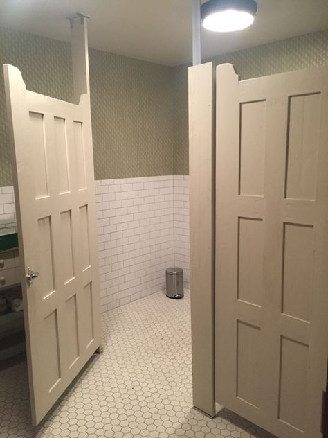 Raised panel bathroom stalls                                                                                                                                                                                 More Diy Bathroom Stalls, Sorority Bathroom, Bathroom Stall Ideas, Church Bathroom Ideas, Barn Chandelier, Church Bathroom, Bathroom Stall Doors, Panel Bathroom, Public Restroom Design