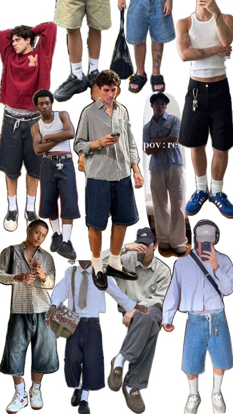 Late spring/summer outfit mood board Jorts Y2k, 대학생 스타일, Outfit Mood Board, Baggy Jean Shorts, Long Jean Shorts, Guy Fits, Baggy Jean, Y2k Shorts, Mens Summer Outfits