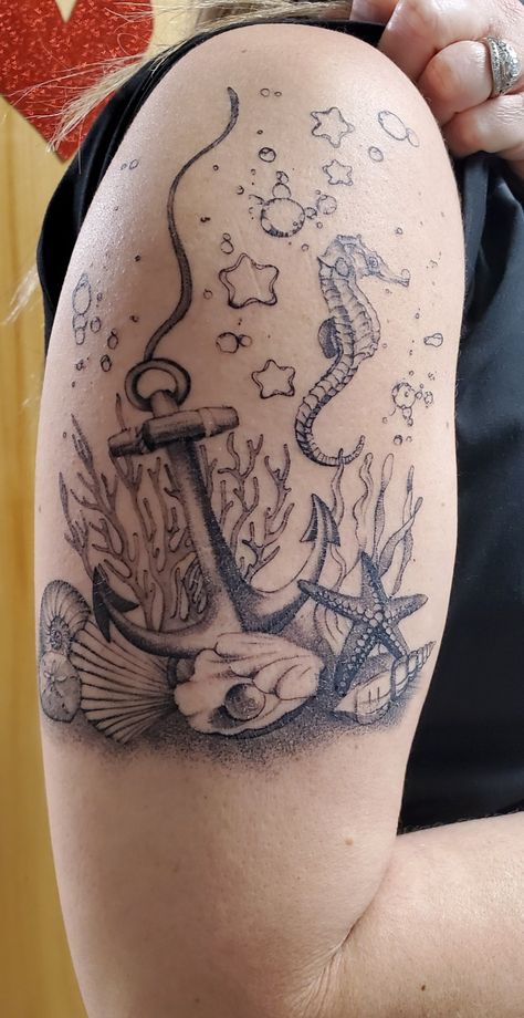 Nautical Leg Sleeve Tattoo Women, Large Ocean Tattoo, Bottom Of The Ocean Tattoo, Underwater Themed Tattoos, Sunken Treasure Tattoo, Ocean Leg Tattoos For Women, Sea Based Tattoos, Underwater Leg Sleeve Tattoo, Ocean Themed Half Sleeve Tattoo