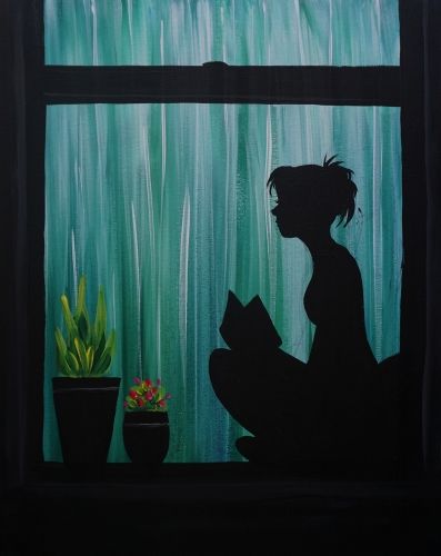 Rainy Day Reader tonight at Paint Nite Canvas Painting Ideas Silhouette, Silhouette Painting Tutorial, Canvas Silhouette Painting, Sillhoute Art Painting, Painting Of Rainy Day, Rainy Day Canvas Paintings, Rainy Day Painting Easy, Silouhette Painting Ideas, Rainy Day Painting Ideas