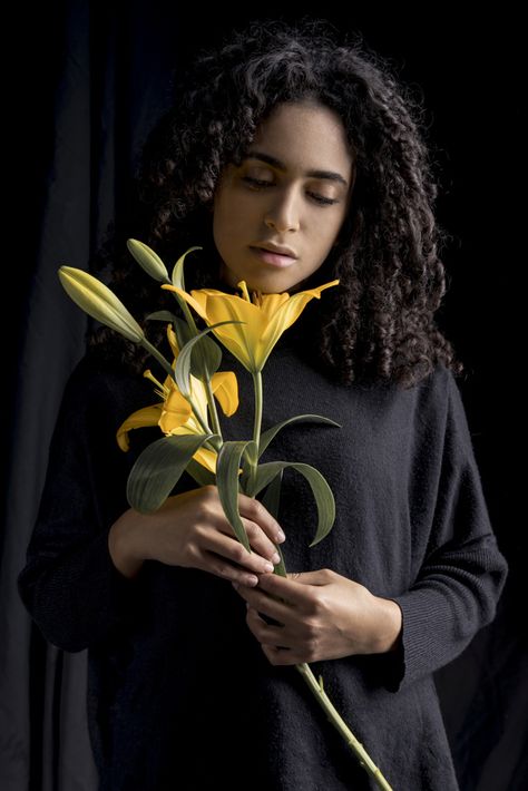 Holding A Flower Pose, Holding A Flower Reference, Holding Flowers Pose Reference, Holding Flowers Pose, Dark Ambiance, Rose Reference, Hands Holding Flowers, People Reference, Woman Posing