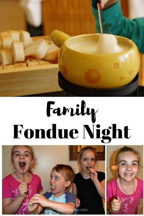 Get creative with a family fondue night - use more than just melted cheese! www.orsoshesays.com #fondue #familynight #familyfonduenight Family Fun Night Ideas Kids, Fondue Ideas, Easy Fondue, Fondue Dinner, Fondue Night, Fondue Recipe, Dinner Games, Fondue Party, Fondue Recipes