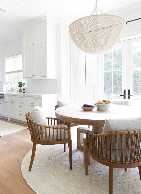 Minimalist Dining Room Table, Dining Room Table Decor Ideas, Pure Salt Interiors, Minimalist Dining Room, Dining Room Table Decor, Coastal Home Decor, Coastal Home, Dining Room Inspiration, White Cabinets