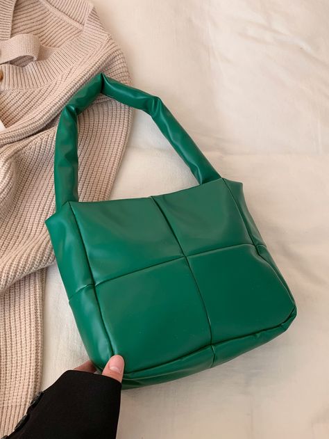 Green Fashionable   PU Leather Plain Top Handle Bag    Women Bags Black Bucket Bag, Diy Bag Designs, Diy Bags Patterns, Work Tote Bag, No Bad Days, Quilted Pattern, Tote Bags Handmade, Baguette Bag, Cute Bags