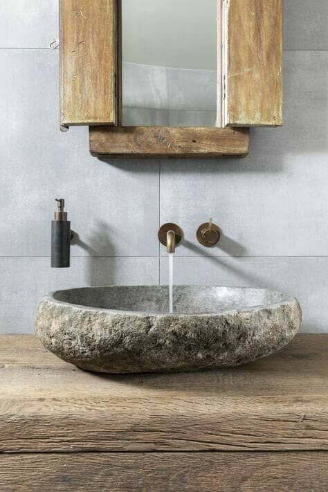 Natural Bathroom Design, Modern Organic Bathroom, Organic Bathroom, Natural Stone Bathroom, Stone Bathroom Sink, Mini Bad, Natural Bathroom, Rustic Bathroom Designs, Downstairs Toilet