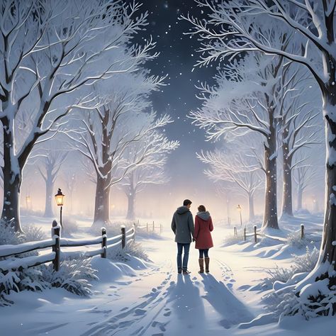 Embrace the magic of winter with this enchanting illustration of a couple enjoying a snowy landscape. The snow-covered trees and twinkling lights create a cozy and romantic winter wonderland. Perfect for those who love the beauty of winter and the joy of shared moments, this image celebrates love in the coldest season Winter Love Couple, Snow Couple, Romance Covers Art, Romance Covers, Snow Covered Trees, Snowy Landscape, Painting Snow, Winter Makeup, Twinkling Lights