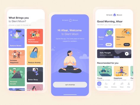 Mindfulness App Design, Self Care App, Moodboard App, Onboarding App, Moon Meditation, Ux Design Portfolio, Ux Design Mobile, Mindfulness App, Ui Design Mobile