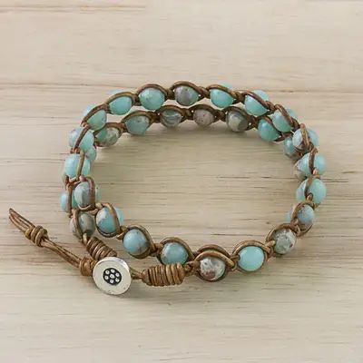 UNICEF Market | Jasper Beaded Wrap Bracelet in Blue from Thailand - Sky Orbs Bracelet Finishing, Perler Bead Bracelet, Bracelet Pictures, Leather Cord Bracelets, Boho Glam, Beads Bracelets, Beading Ideas, Beaded Wrap Bracelets, Chain Bracelets