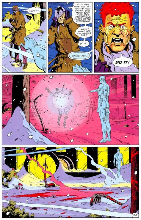 Dr. Manhattan kills Rorschach Watchmen Comic, Rorschach Watchmen, Watchmen Rorschach, Superman Story, Dr Manhattan, Book Scenes, Dave Gibbons, Alan Moore, Arte Nerd