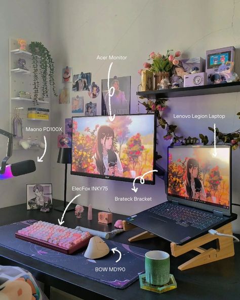 . happy thursday! 🍂 it's been awhile since I updated my setup so here's a little breakdown on some of the new items on my desk 🫶🏻✨ drop a follow for more desk setup, desk inspo, cozy setup, cozy vibes, aesthetic, cozy gamer, purple setup content ✧ check my link in bio for free notion templates and discount codes! #deskinspo #desksetup #cozysetup #cozygamergirl #gamergirlsetup #deskspace #pinksetup Beginner Pc Setup, Woman Gaming Setup, Cozy Gamer Desk Setup, Animation Desk Setup, Laptop Desk Set Up, Study Room Setup, Portable Monitor Setup, Laptop Desk Setup Aesthetic, Drawing Tablet Desk Setup