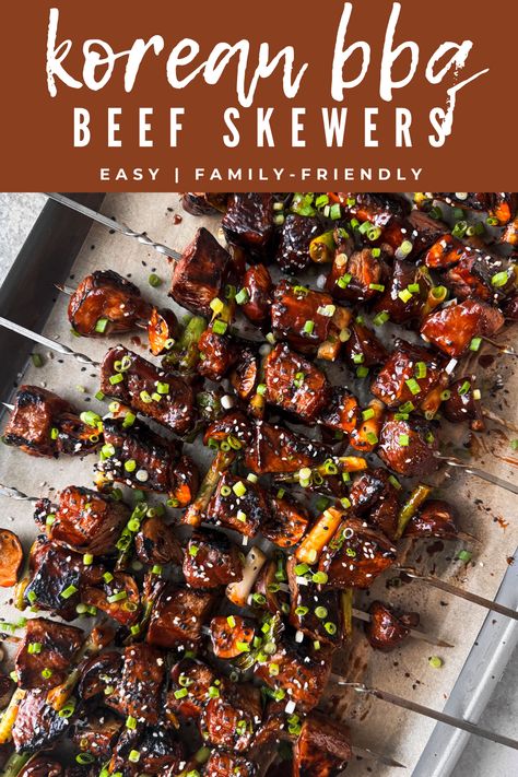 These incredibly saucy Korean BBQ beef skewers are a total lip-smacking treat! And they're easy enough to throw on the grill on any given weeknight. #koreanbbq #skewers #bbq #beef #grilling #weeknightdinner #easydinner Beef Skewers Recipes, Korean Beef Skewers, Korean Beef Barbeque, Korean Bbq Skewers, Beef On A Stick Skewers, Korean Kabobs, Bbq Skewers Recipes, Korean Skewers, Beef Skewers Marinade