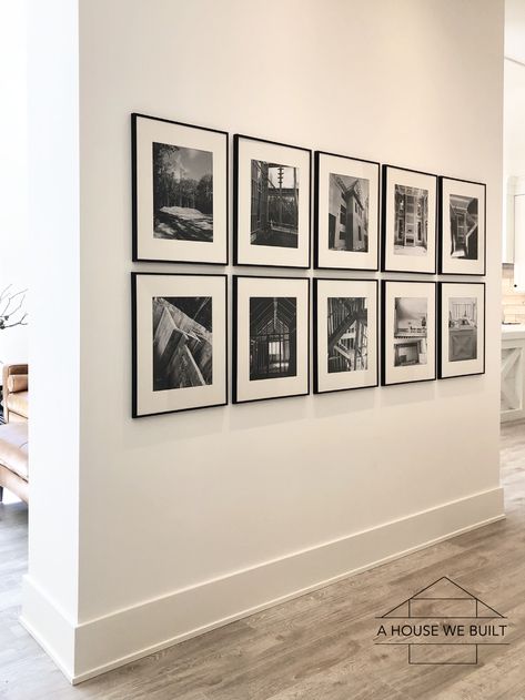 Gallery Wall On Long Wall, Hallway Photo Wall With Lights, Vertical Frame Gallery Wall, Gallery Wall Over Sectional Couch, Frame Walls Living Room, 11x14 Photo Wall Display Ideas, 8 Picture Gallery Wall Same Size, Symmetric Gallery Wall, 12x16 Frame Gallery Wall