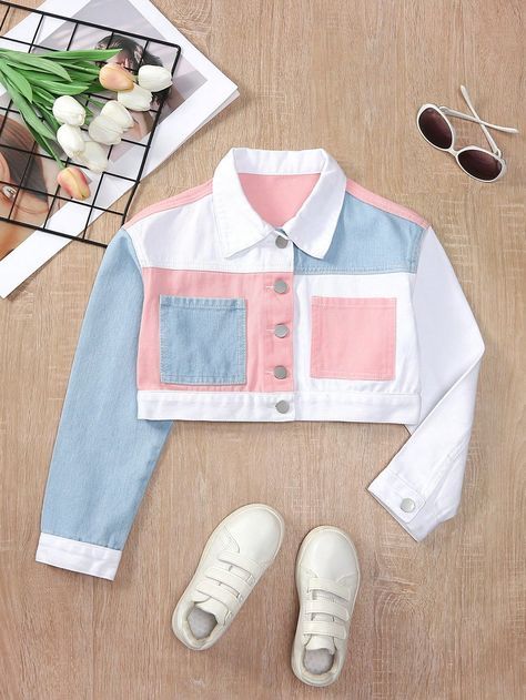 Multicolor Casual Collar Long Sleeve Denim Colorblock Other Embellished Non-Stretch  Tween Girls Clothing Canada Clothes, Girls Denim Jacket, Cute Short Dresses, Diy Fashion Clothing, African Fashion Women Clothing, Casual Day Outfits, African Fashion Women, Personalized Clothes, Beauty Clothes