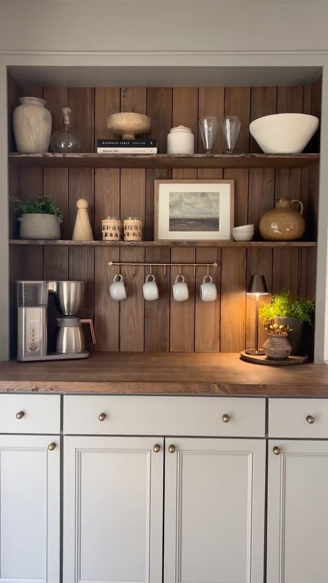 M A R L I E D E S I G N C O. | DIY COFFEE BAR with stock cabinets! #coffeebar #coffeebardecor #shelfstyling #homedecor #homestyle #diy #hometakestime #homestyling… | Instagram Diy Built In Coffee Bar, Shelves Above Coffee Bar, Vintage Coffee Bar Ideas, Coffee Bar Ideas Diy, Built In Coffee Bar, Dining Room Coffee Bar, Coffee Bar Kitchen, Coffee Station Ideas, Coffee Cabinet