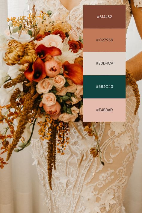 bohemian color palette featuring hues of green, blush, terracotta, and ivory. The color palette is laid over a wedding dress with a lush floral bouquet. Warm Tone Wedding, Boho Wedding Color Schemes, Color Palette Earthy, Bohemian Wedding Colors, Boho Wedding Colors, Event Planning Inspiration, Wedding Color Pallet, Spring Wedding Colors, Planning Inspiration