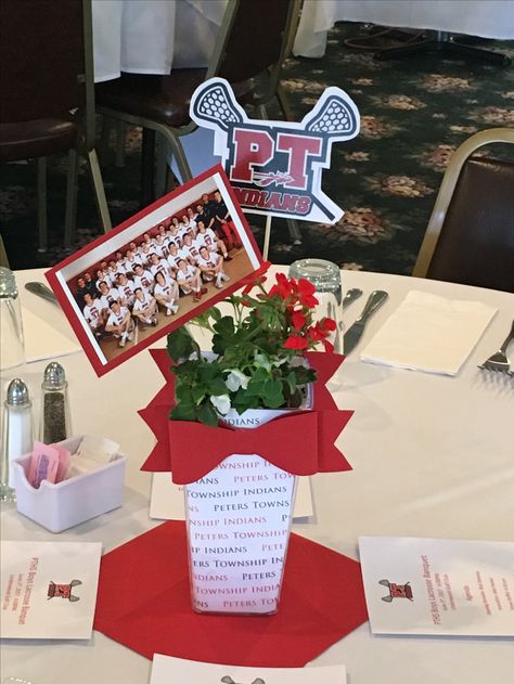 Field Hockey Banquet Centerpieces, Lacrosse Centerpiece Ideas, Lacrosse Banquet Centerpieces, Lacrosse Senior Night Ideas, College Signing Day Table Ideas, Lacrosse Banquet Ideas, Signing Day Table Ideas, Lacrosse Centerpieces, Lacrosse Party Decorations