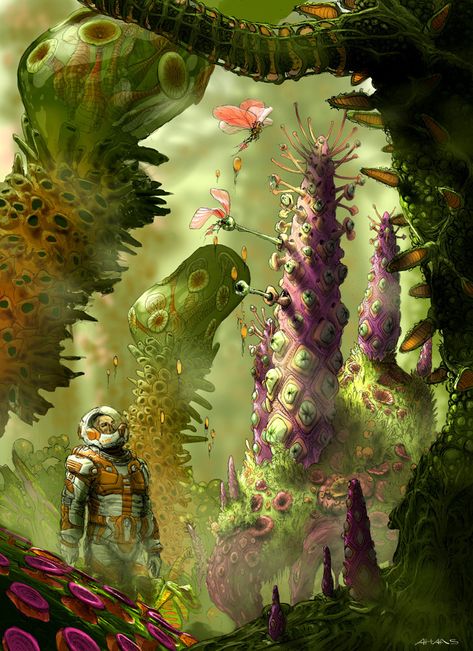 Jungleman II, Arthur Haas on ArtStation at https://www.artstation.com/artwork/OOr8 Alien Flora, Novel Game, Alien Plants, Sci Fi Landscape, Animals And Plants, Sci Fi Environment, No Man's Sky, Alien Concept, Space Backgrounds